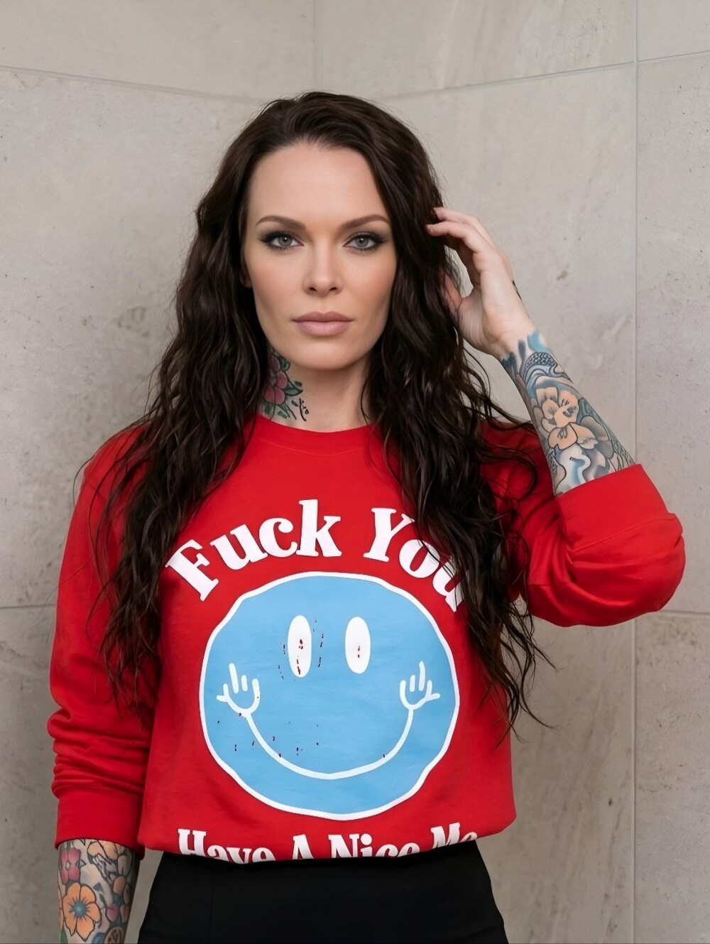 Fashion Nova F You Have A Nice Day Smiley Face Graphic Red Long Sleeve Top Sz S - Picture 2 of 7